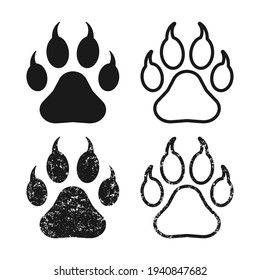 Animal paw print with claws vector icon. Grunge texture. Wildlife or petshop store and vet logo. Dog or cat footprint trail sign. Pet foot shape mark symbol. Silhouette isolated on background.