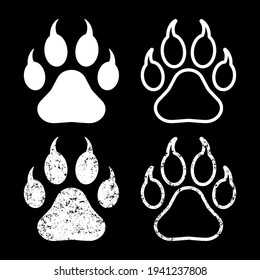 Animal paw print with claws vector icon. Grunge texture. Wildlife or petshop store and vet logo. Dog or cat footprint trail sign. Pet foot shape mark symbol. Silhouette isolated on background.