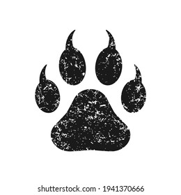 Animal paw print with claws vector icon. Grunge texture. Wildlife or petshop store and vet logo. Dog or cat footprint trail sign. Pet foot shape mark symbol. Silhouette isolated on background.