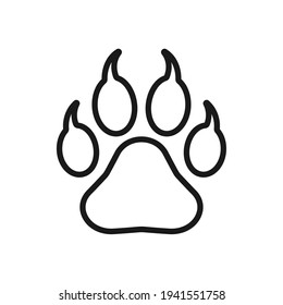 Animal paw print with claws vector icon. Wildlife or petshop store and vet logo. Dog or cat footprint trail sign. Pet foot shape mark symbol. Silhouette isolated on background.