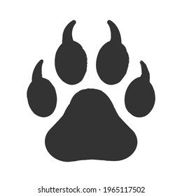 Animal paw print with claws vector icon. Wildlife or petshop store and vet logo. Dog or cat footprint trail sign. Pet foot shape mark symbol. Silhouette isolated on background.