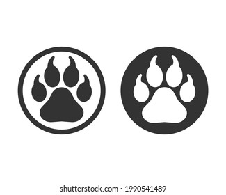 Animal paw print with claws vector icon. Wildlife or petshop store and vet logo. Dog or cat footprint trail sign. Pet foot shape mark symbol. Silhouette isolated on white background.