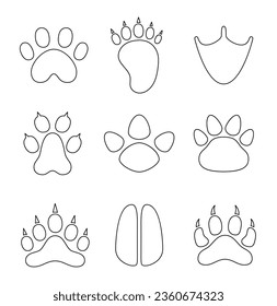 Animal paw print. Coloring Page. Different traces of wildlife. Vector drawing. Collection of design elements.