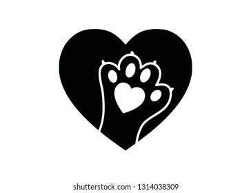 Animal paw print in heart - black and white logo for shelters, veterinary symbol, animal lovers