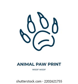 Animal paw print icon. Linear vector illustration from woof woof collection. Outline animal paw print icon vector. Thin line symbol for use on web and mobile apps, logo, print media.