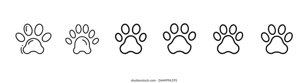 Animal paw print icon set in black outline, featuring cute dog or cat paw marks for pet-related content, veterinary services, wildlife footprints, pet adoption, animal tracking