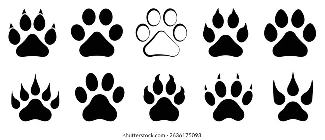 Animal paw print icons set in black silhouettes of dog, cat, bear, wolf, and wild animal tracks. Vector footprint symbols for pet designs. Wildlife signs symbol isolated vector illustration.