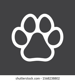 Animal paw print line outline icon on black background. Dog or cat paw print. Pet footprint sign. Dog track icon. Flat vector illustration
