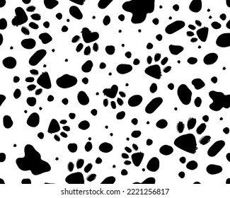 Animal paw print seamless black and white pattern. Vector hand-drawn background