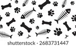 Animal paw print seamless pattern, cat and dog foot, fish skeleton and bone background. Cartoon black silhouette shape footprint and food bg, zoo stamp trace wallpaper. Simple vet vector illustration