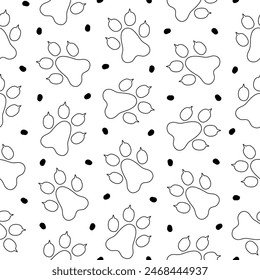 Animal paw print. Seamless pattern. Coloring Page. Different traces of wildlife. Vector drawing. Design ornaments.
