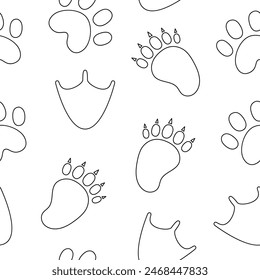 Animal paw print. Seamless pattern. Coloring Page. Different traces of wildlife. Vector drawing. Design ornaments.