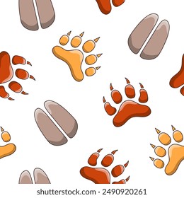 Estampado de pata de animal. Patrón sin costuras. Diferentes rastros de vida silvestre. Dibujo de Vector. Diseñar adornos.