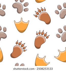 Animal paw print. Seamless pattern. Different traces of wildlife. Vector drawing. Design ornaments.