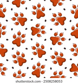 Animal paw print. Seamless pattern. Different traces of wildlife. Vector drawing. Design ornaments.