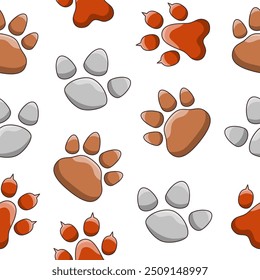 Impressão de pata animal. Padrão contínuo. Diferentes vestígios de vida selvagem. Desenho vetorial. Desenhar ornamentos.
