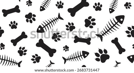 Animal paw print seamless pattern, cat and dog foot, fish skeleton and bone background. Cartoon black silhouette shape footprint and food bg, zoo stamp trace wallpaper. Simple vet vector illustration