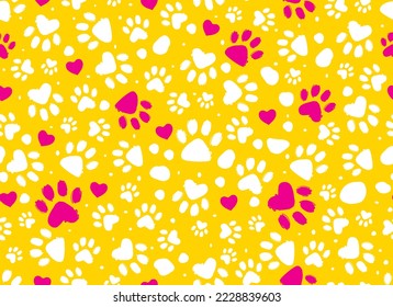 Animal paw print seamless yellow and white pattern. Dalmatian Spots.Vector hand-drawn background