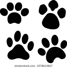 Animal Paw Print Silhouette Set. Minimalist Animal Footprint Vector. Black Paw Print Icons Collection. Dog, Cat, Bear, and Wolf Footstep Vector Set. 