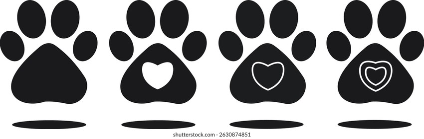 Animal Paw Print Silhouettes with Heart Icons – Pet Love Concept Design