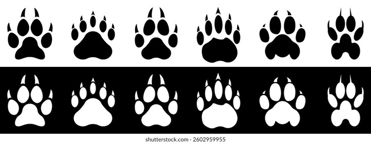 Animal Paw Print Silhouettes. Wildlife Footprint. Icon Set for Design and Branding. Vector illustration isolated on black and white background.