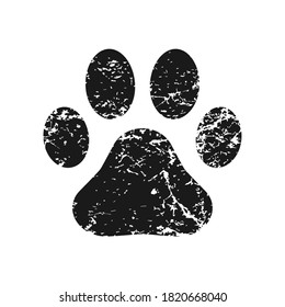 Icono del vector de impresión de la pata animal. Signo de huellas de perros o gatos con textura de grano. Símbolo de marca de forma de pie de mascota. Logo de la tienda de Petshop o del veterinario. Silueta negra aislada sobre fondo blanco.