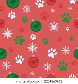 Animal paw prints, Christmas balls and snowflakes on red backgro