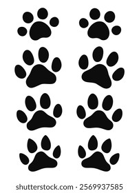 Animal paw prints. Dog or cat tracks on white background. Pet, wild animal toe symbols.