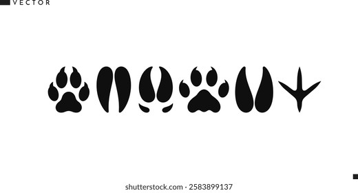 Animal paw prints icon set. Isolated bull cow pig wolf deer goat pigeon panther leopard and fox paw prints vector illustration 