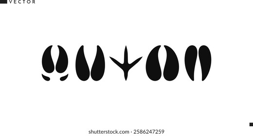 Animal paw prints icon set. Isolated bull cow pig deer goat rooster bison antelope and wild boar paw prints vector illustration 