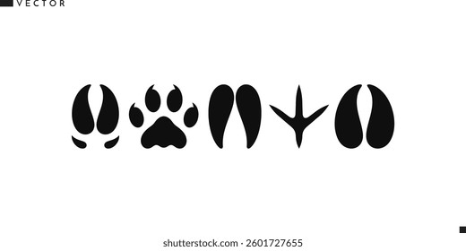 Animal paw prints icon set. Isolated tiger sheep goat chicken bull cow pig and leopard paw prints vector illustration 