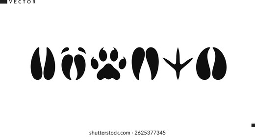 Conjunto de ícones de impressões de patas de animais. Boi isolado vaca porco pantera veado cabra pombo bisão e leopardo pata impressões ilustração vetor 