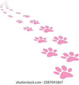 Animal paw prints, including cat and dog footprints, follow a curving path in a vector style, disappearing into the distance. The design captures the perspective of the paw prints as they trail along,