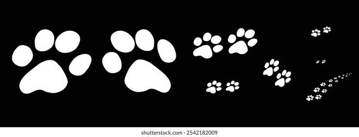 Impresiones de la pata del animal en el fondo negro - Ilustración vectorial minimalista de la silueta del rastro de la pata del perro o del gato para el animal doméstico, el animal, y la Naturaleza