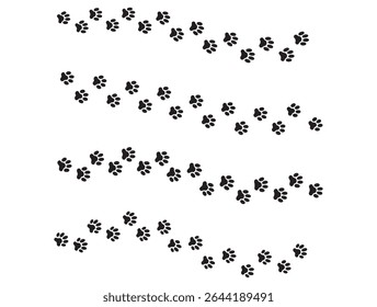 Animal Paw Prints Tracing a Winding Path, vector graphic displays three sets of animal paw prints arranged in curved, winding paths across a white background, animal paw prints, animal tracks, paw pri