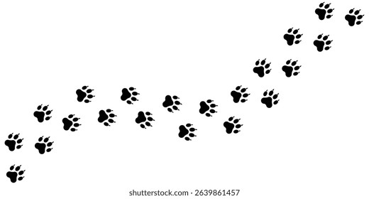 Animal paw prints trail vector illustration. Dog, cat, pet, or wildlife footprint path design. Black silhouette isolated on white background.