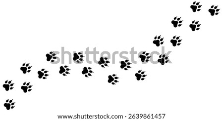 Animal paw prints trail vector illustration. Dog, cat, pet, or wildlife footprint path design. Black silhouette isolated on white background.