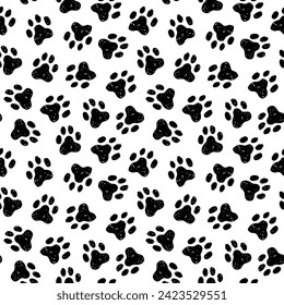 Animal paw seamless pattern. Cat, dog footprint repeat pattern with texture in black and white. Hand drawn paw print background.