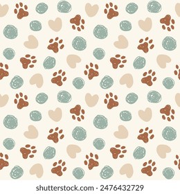 Animal paw seamless pattern. Cat, dog footprint repeat pattern with texture in neutral colors. Hand drawn paw print background.