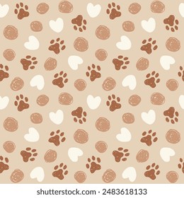 Animal paw seamless pattern. Cat, dog footprint repeat pattern with texture in black and white. Hand drawn paw print background.