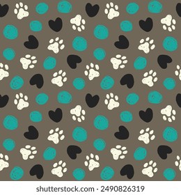 Animal paw seamless pattern. Cat, dog footprint repeat pattern with texture in black, grey, white and green. Hand drawn paw print background.