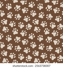 Animal paw seamless pattern. Cat, dog footprint repeat pattern with texture in black and white. Hand drawn pet paw print background.