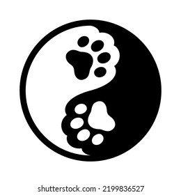 Animal paw yin yang symbol. Cat or dog paw print in black and white circle. Vector design illustration.
