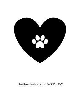 Animal Pawprint Inside Black Heart Isolated On White Background. Black And White Vector Illustration, Logo, Icon.