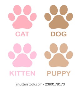 Animal paws. Dog, cat, kitten and puppy footprints. Banner, sticker, brochure. Vector illustration. Grooming. Pet's shop. Animal protection, care concept.