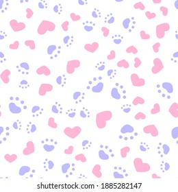 Animal paws and hearts seamless pattern pastel colors. Vector drawing.