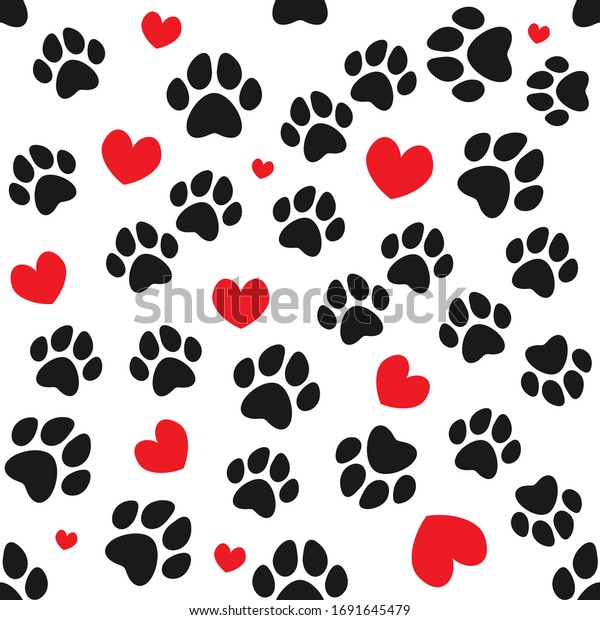 Animal\
paws and hearts seamless pattern. Vector\
drawing.