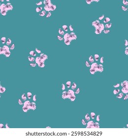 Animal Paws on Turquoise Background Seamless Pattern. Vector illustration 