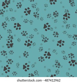 Animal paws. Random sized footprints. Seamless pattern. Vector illustration. Blue