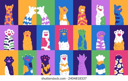 Animal paws, set of different gestures, cartoon style vector illustrations. Collection of cute furry pet claws, parts of cat or dog foots in simple colored flat style. Colorful children design